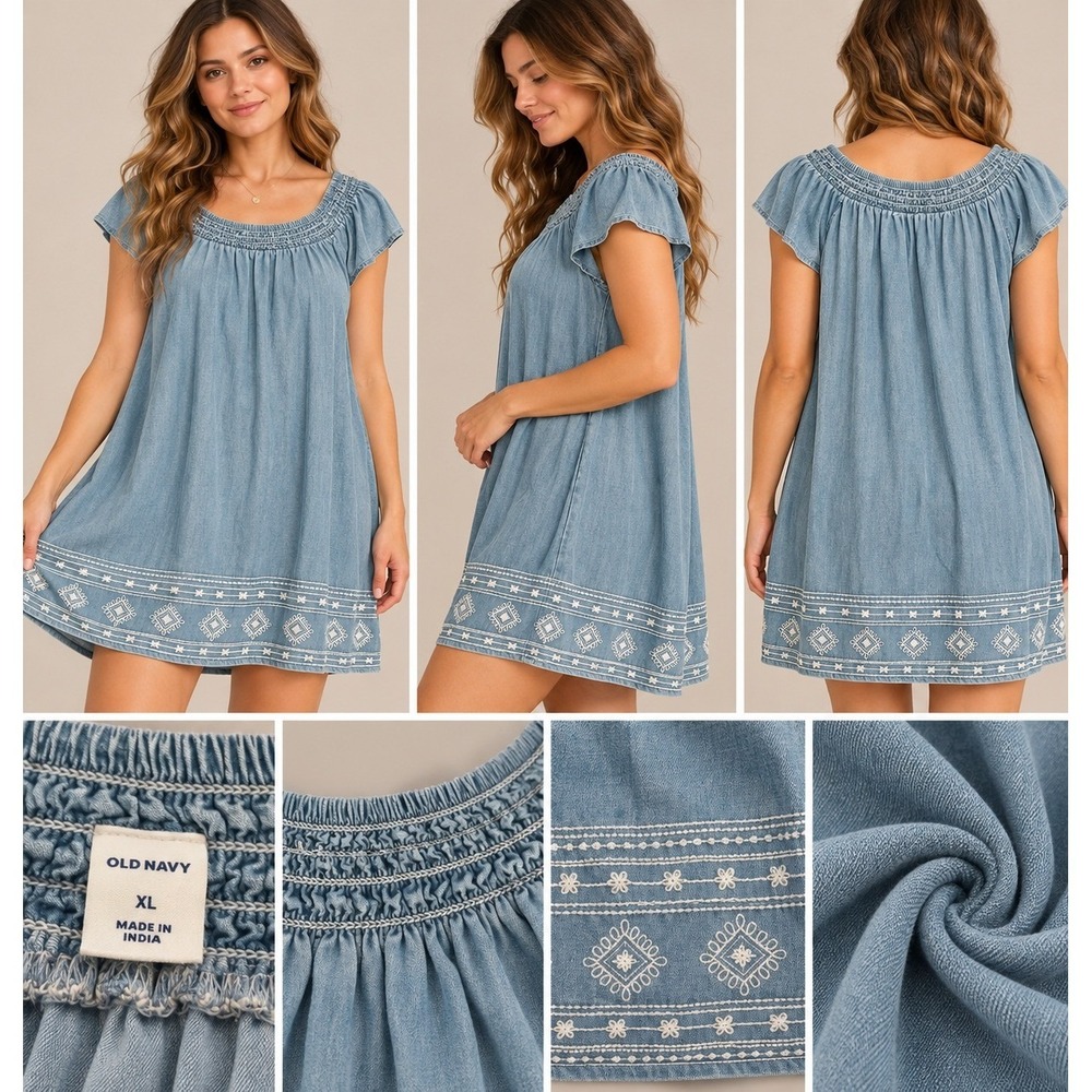 Old Navy Chambray Shift Dress Womens XL Blue Excellent Boho Coastal Embroidered